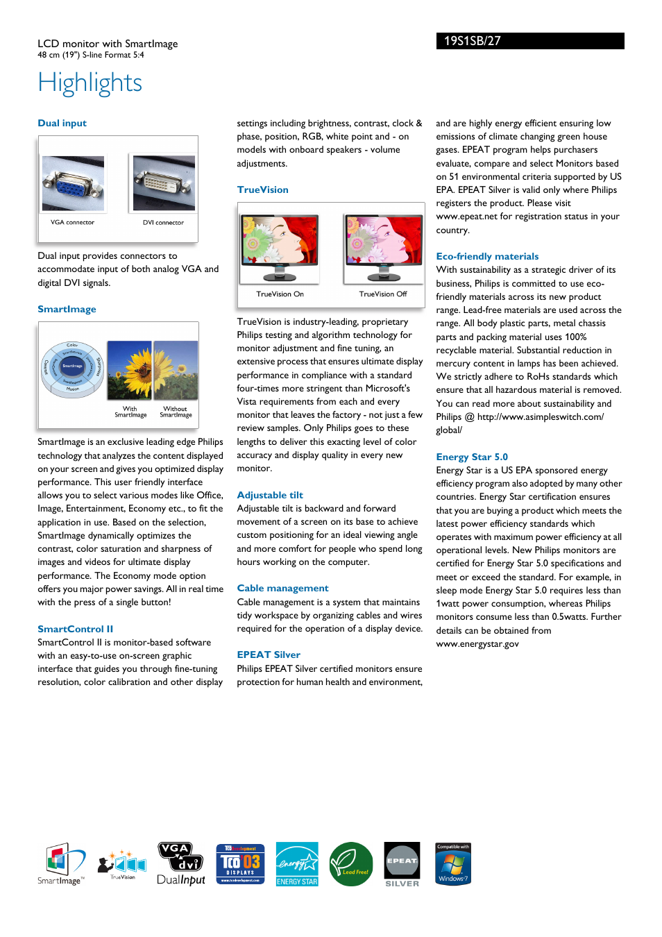 Highlights | Philips 19S1SB-27 User Manual | Page 2 / 3