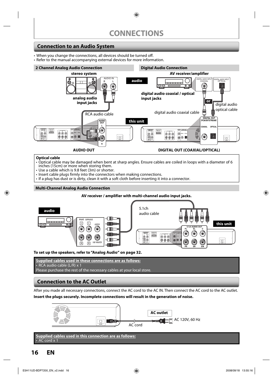 Connections, 16 en, Connection to the ac outlet | Connection to an audio system | Philips BDP7200-F7E User Manual | Page 16 / 44