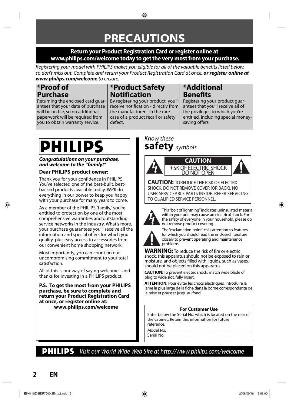 Precautions, Safety, Proof of purchase | Product safety notification, Additional benefits | Philips BDP7200-F7E User Manual | Page 2 / 44