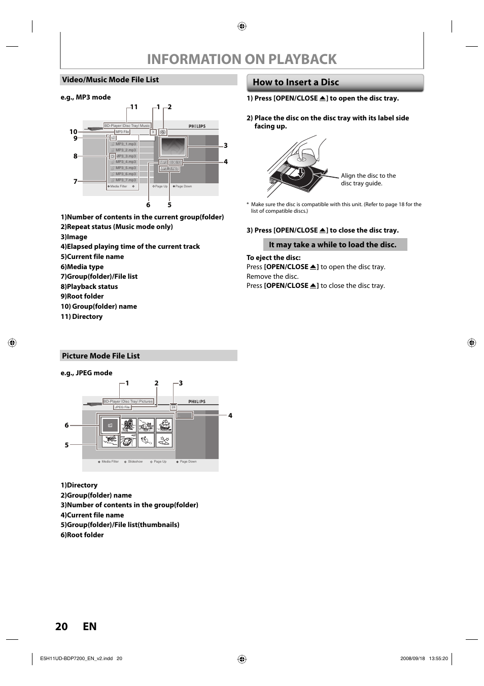 Information on playback, 20 en, How to insert a disc | Video/music mode file list, Picture mode file list, It may take a while to load the disc | Philips BDP7200-F7E User Manual | Page 20 / 44