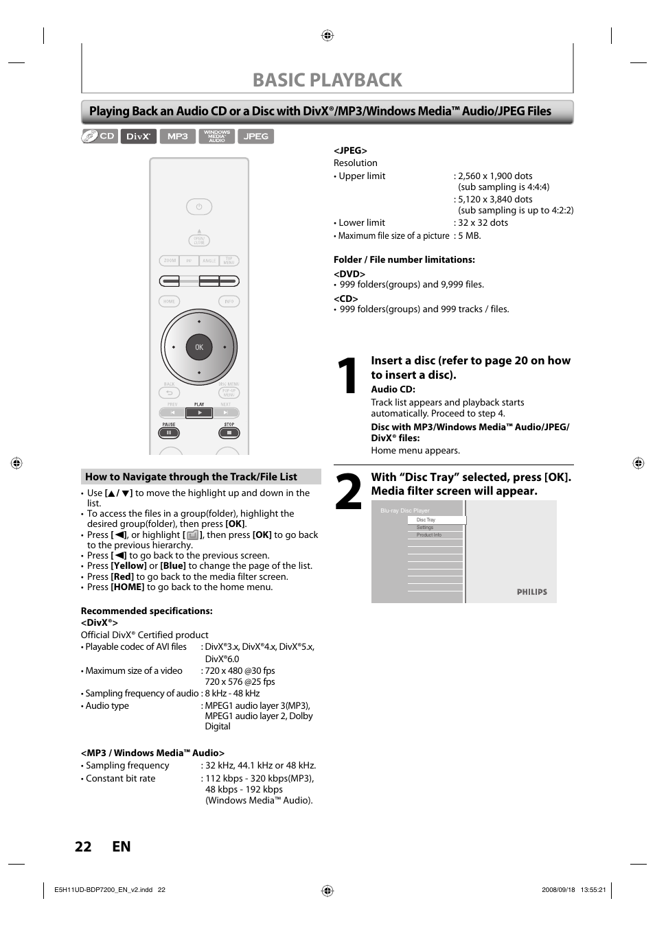 Basic playback, 22 en | Philips BDP7200-F7E User Manual | Page 22 / 44