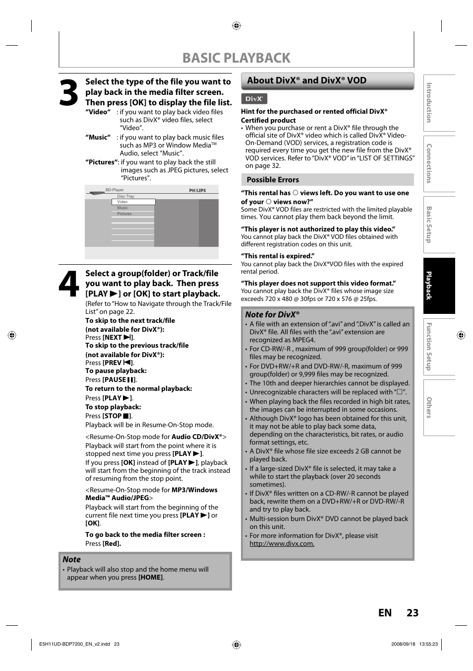 Basic playback, 23 en, About divx® and divx® vod | Philips BDP7200-F7E User Manual | Page 23 / 44
