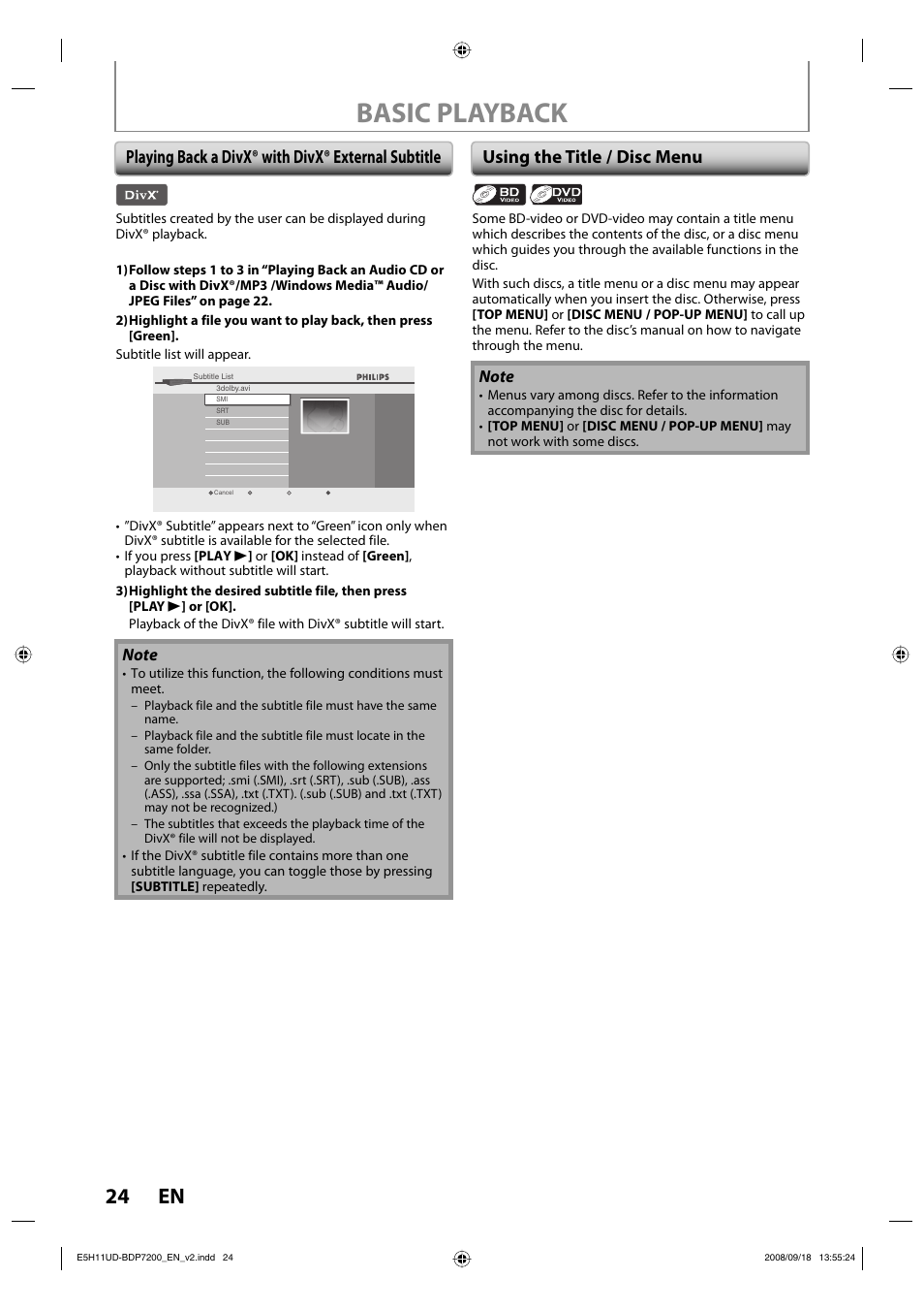 Basic playback, 24 en | Philips BDP7200-F7E User Manual | Page 24 / 44