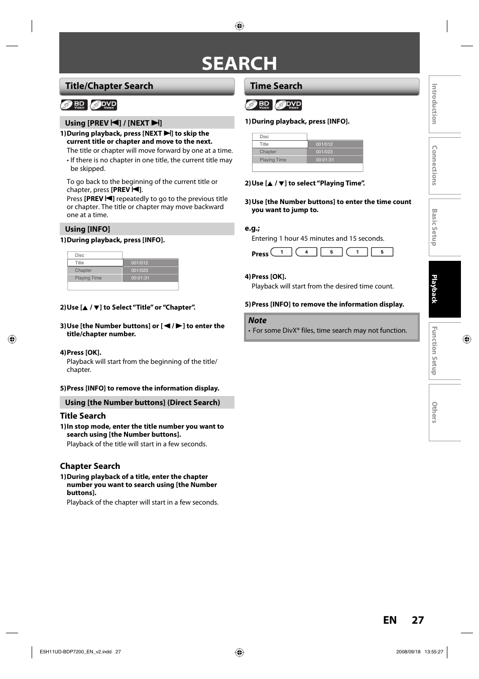 Search, 27 en, Title/chapter search time search | Philips BDP7200-F7E User Manual | Page 27 / 44