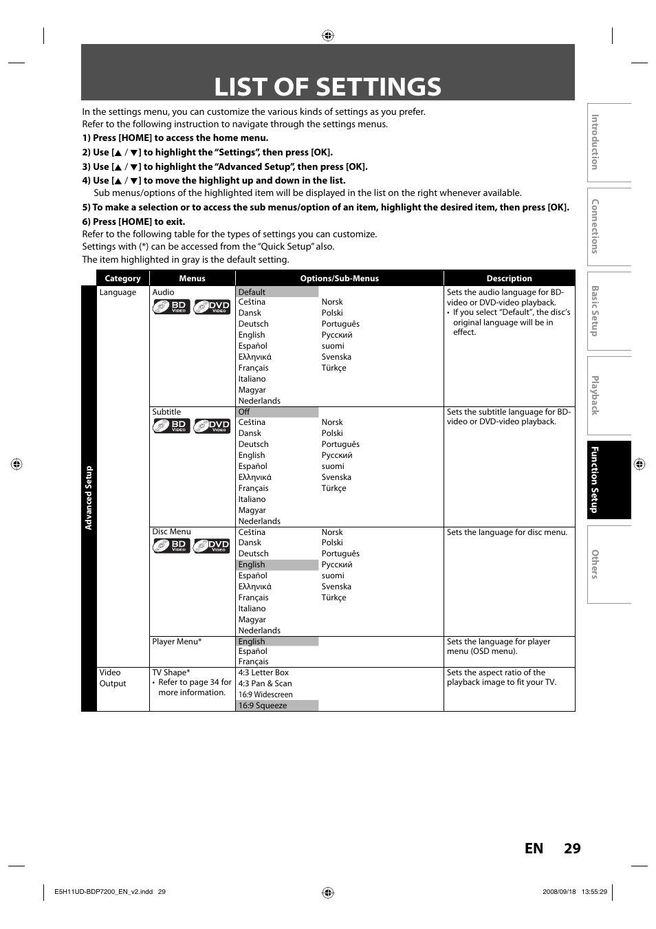 List of settings, 29 en | Philips BDP7200-F7E User Manual | Page 29 / 44