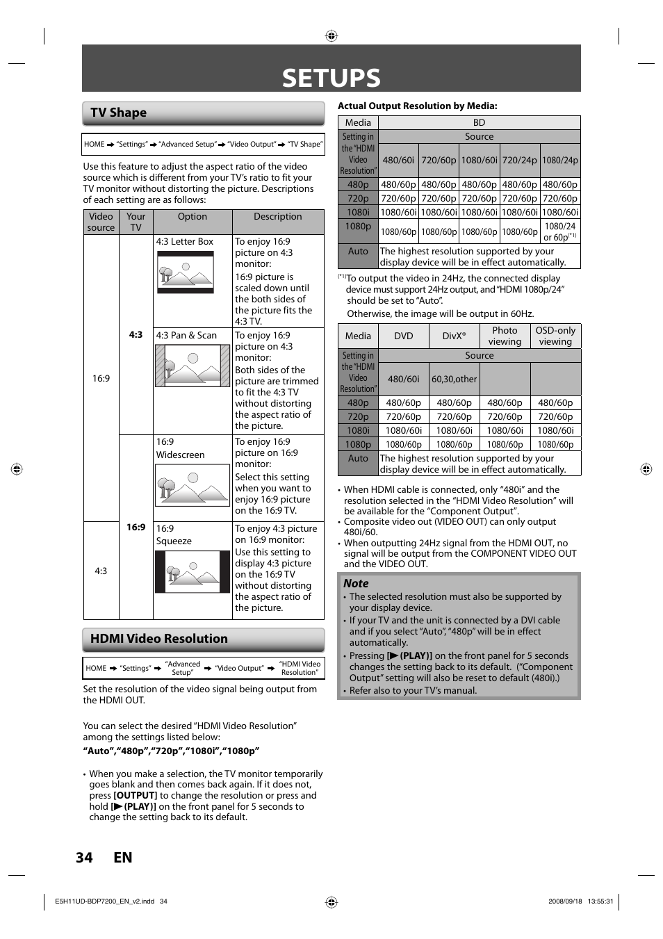 Setups, 34 en, Tv shape hdmi video resolution | Philips BDP7200-F7E User Manual | Page 34 / 44