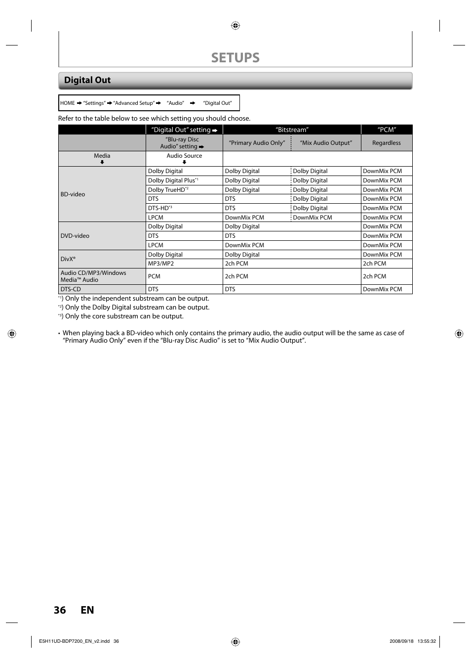 Setups, 36 en, Digital out | Philips BDP7200-F7E User Manual | Page 36 / 44
