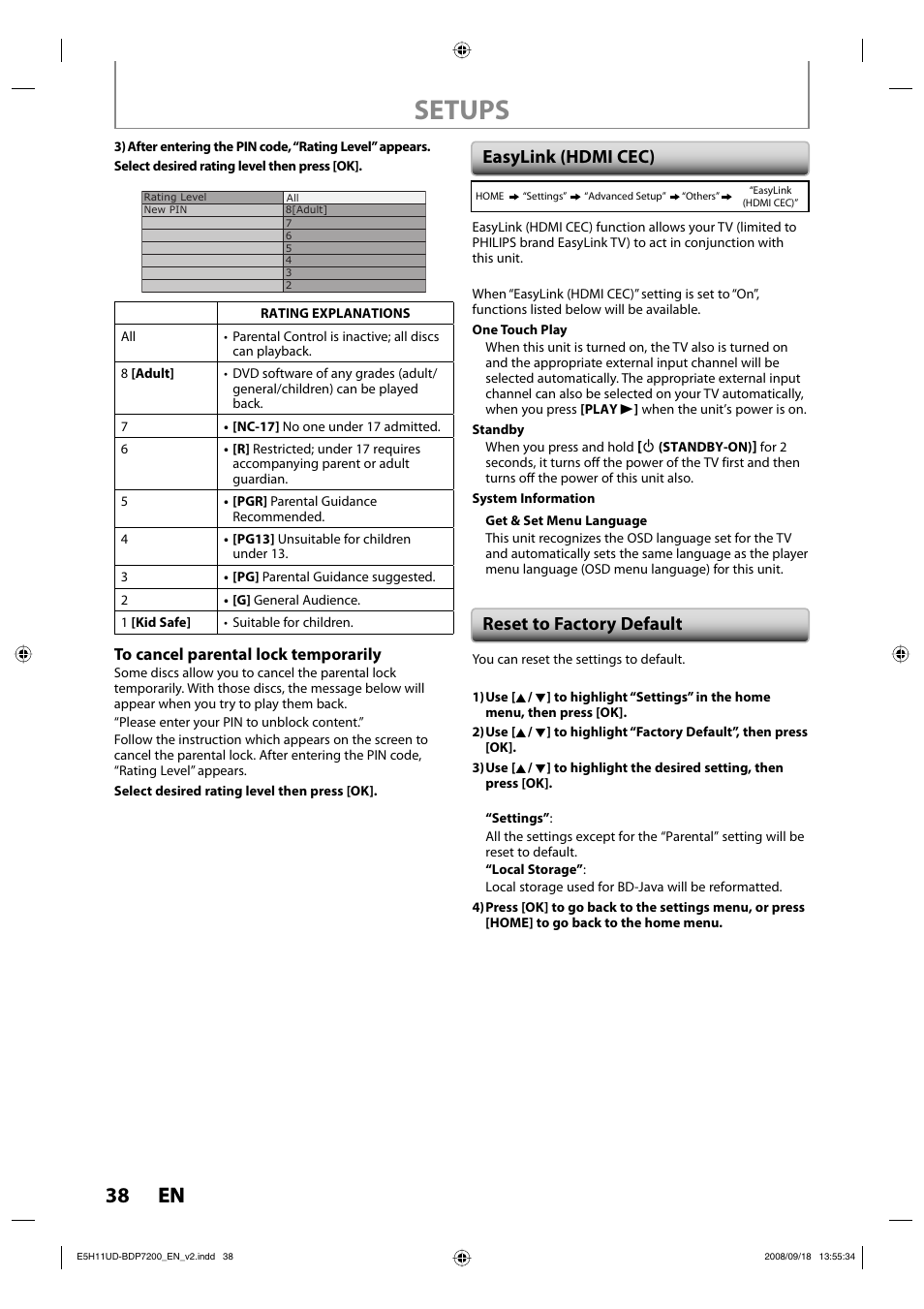 Setups, 38 en 38 en, Reset to factory default easylink (hdmi cec) | Philips BDP7200-F7E User Manual | Page 38 / 44