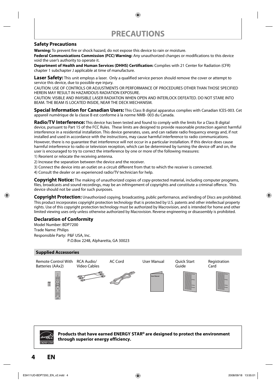 Precautions | Philips BDP7200-F7E User Manual | Page 4 / 44