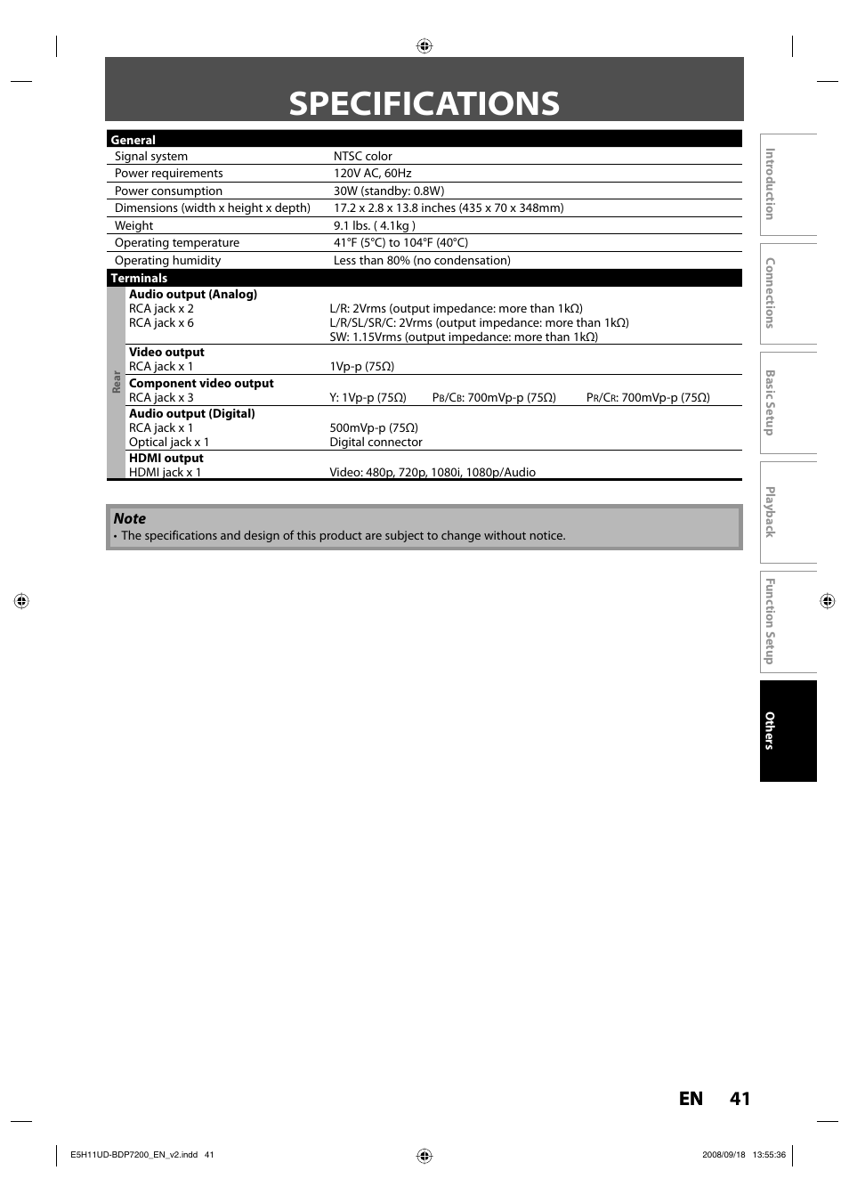 Specifications, 41 en 41 en | Philips BDP7200-F7E User Manual | Page 41 / 44