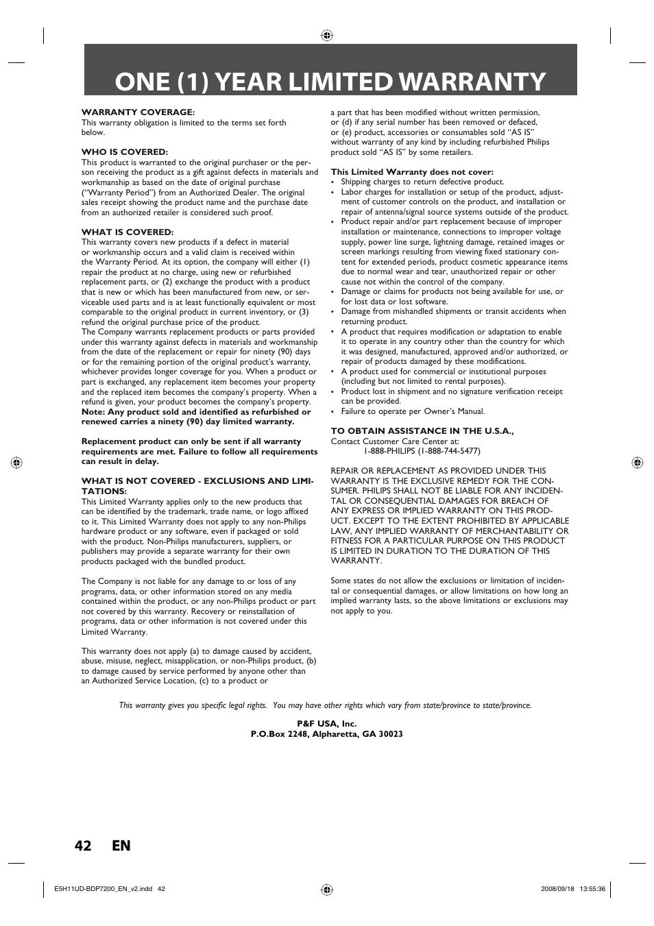One (1) year limited warranty, 42 en 42 en | Philips BDP7200-F7E User Manual | Page 42 / 44