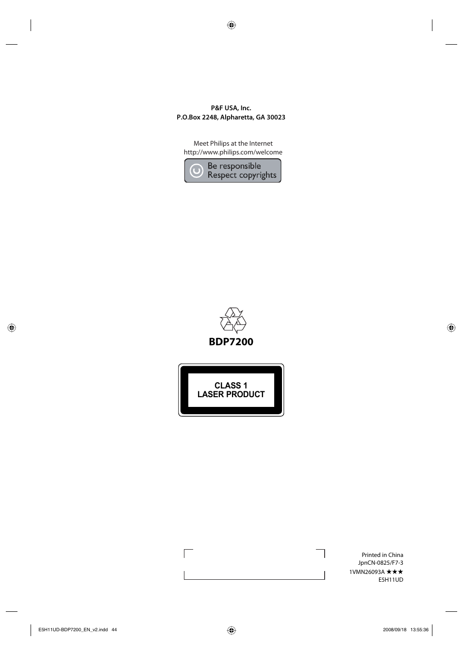 Bdp7200, Class 1 laser product philips consumer electronics | Philips BDP7200-F7E User Manual | Page 44 / 44