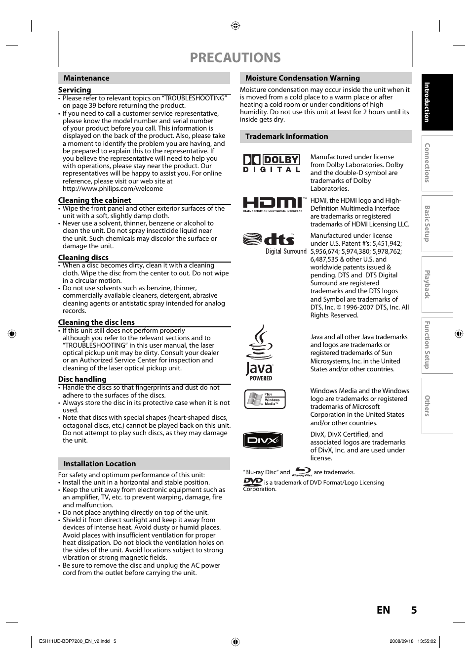 Precautions | Philips BDP7200-F7E User Manual | Page 5 / 44