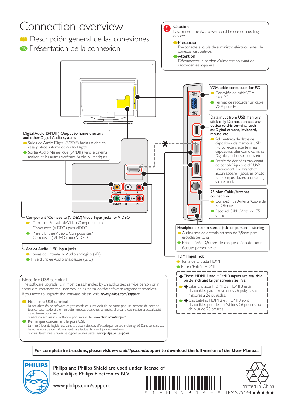 Connection overview, Descripción general de las conexiones, Présentation de la connexion | Philips 32PFL4507-F7 User Manual | Page 4 / 8