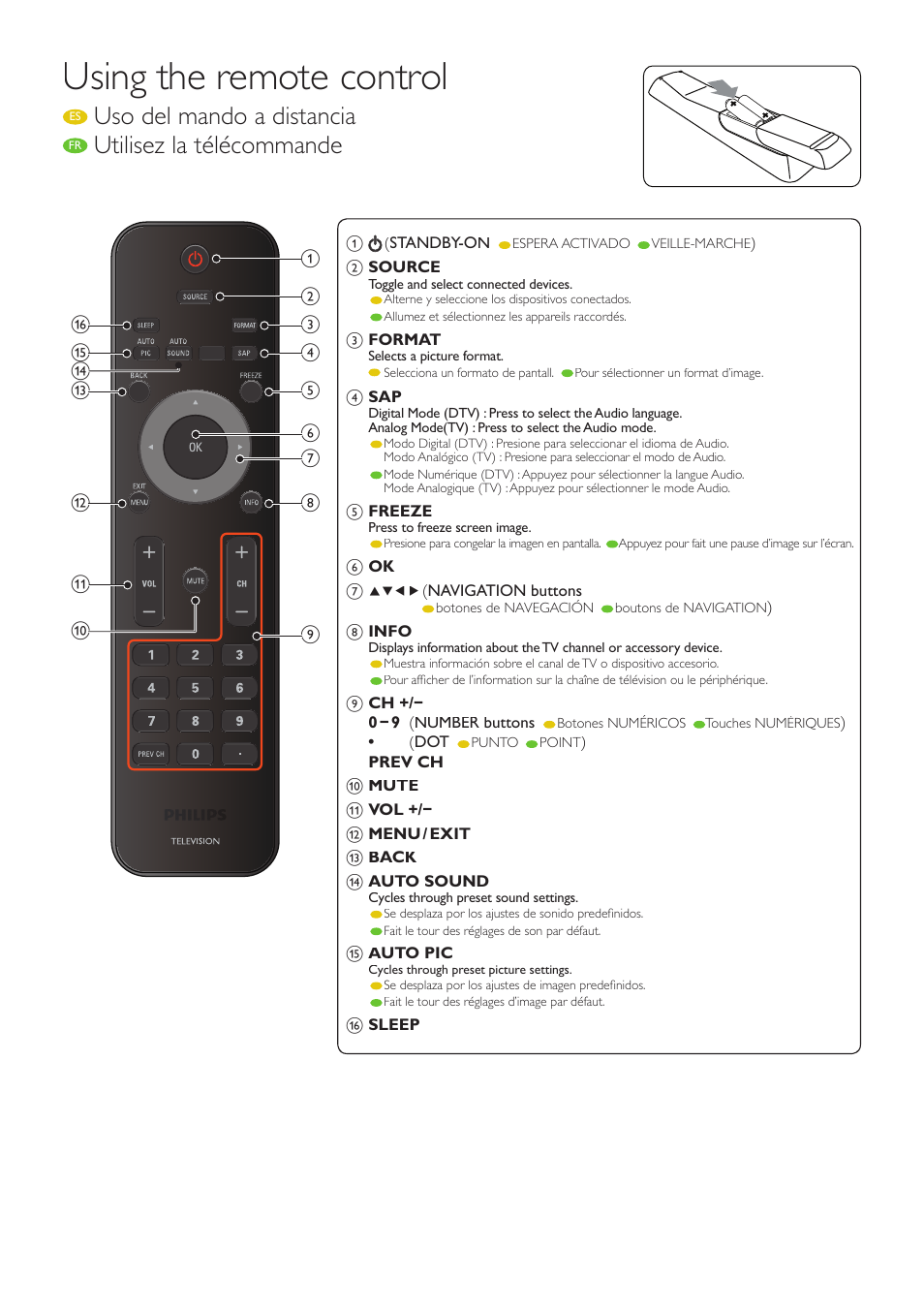 Using the remote control, Uso del mando a distancia, Utilisez la télécommande | Philips 32PFL4507-F7 User Manual | Page 7 / 8