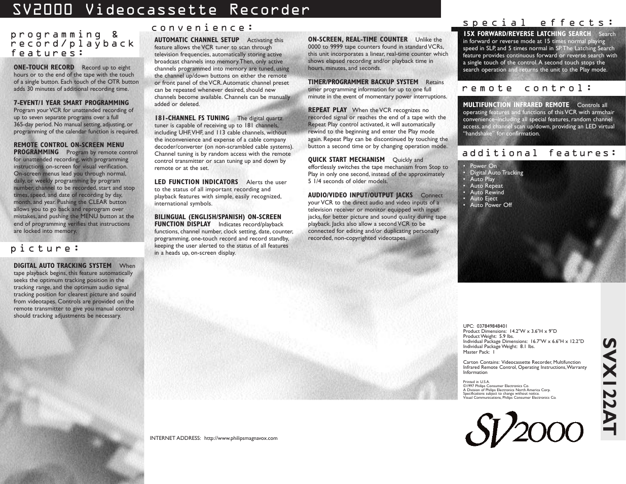 Svx122a t, Sv2000 videocassette recorder | Philips SVX122AT99 User Manual | Page 2 / 2