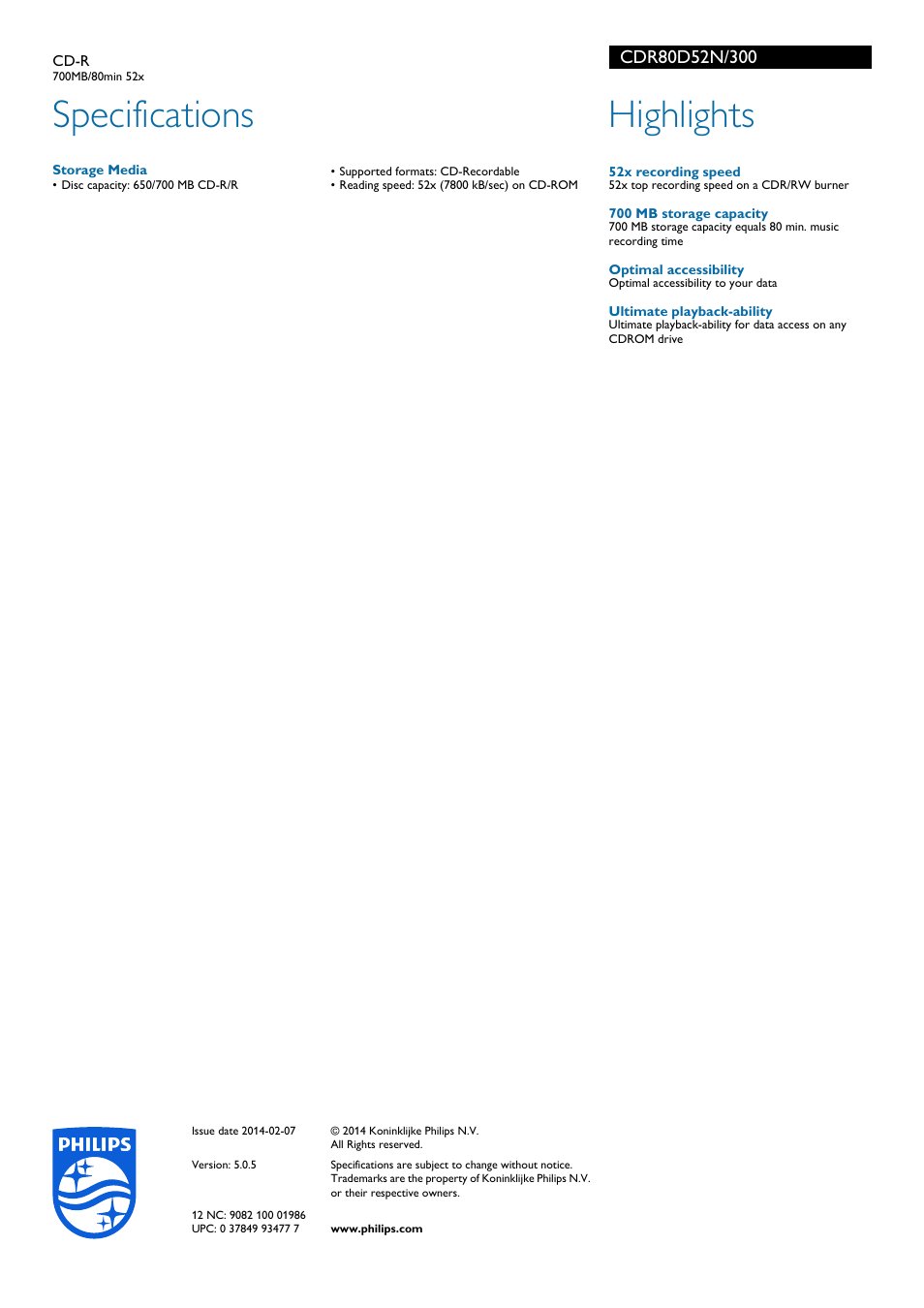 Specifications, Highlights | Philips CDR80D52N-300 User Manual | Page 2 / 2
