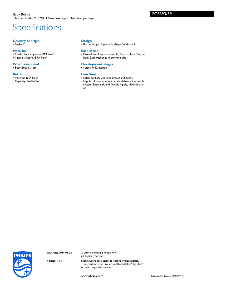 Specifications | Philips SCF693-39 User Manual | Page 3 / 3