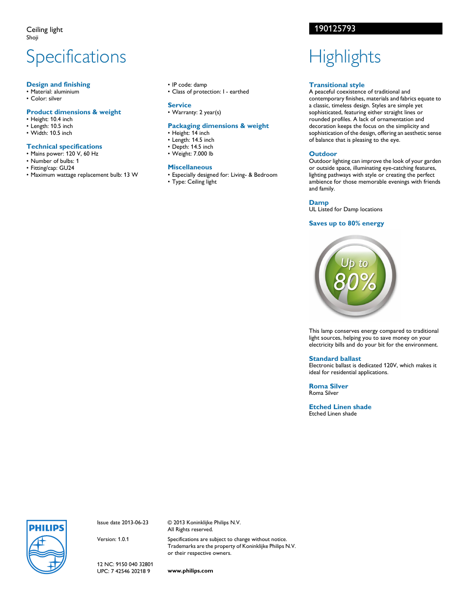 Specifications, Highlights | Philips 190125793 User Manual | Page 2 / 2