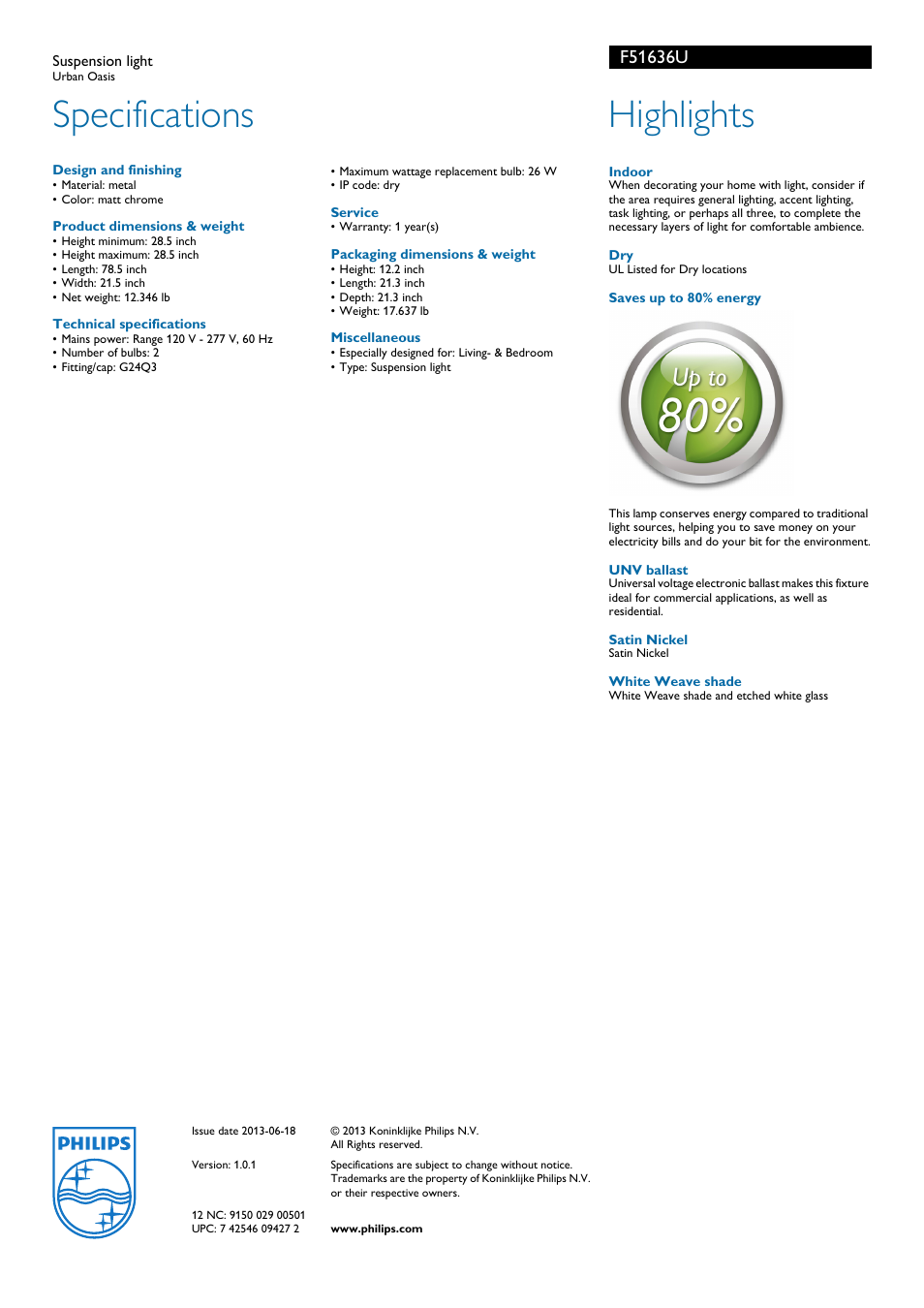 Specifications, Highlights | Philips F51636U User Manual | Page 2 / 2