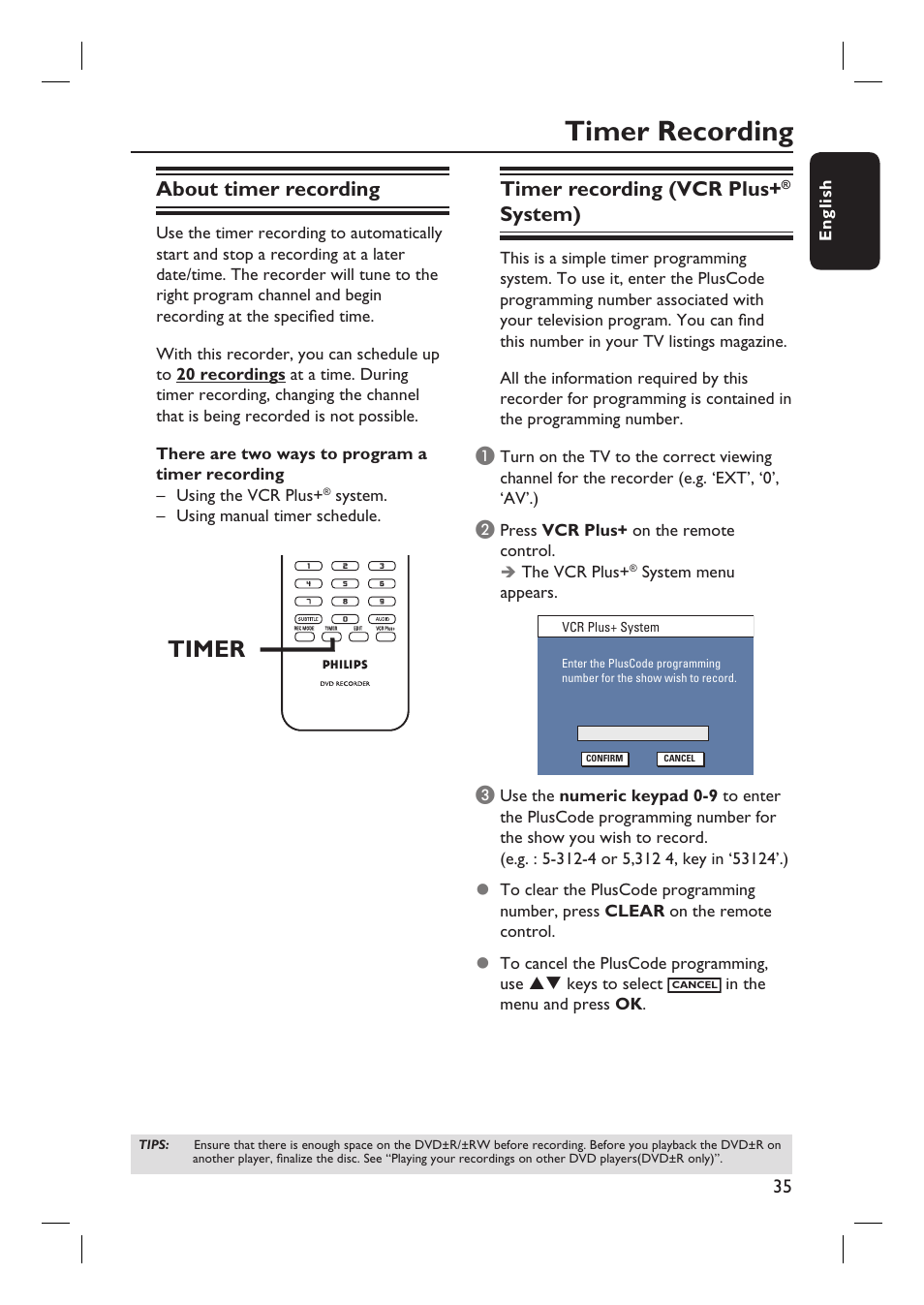 Timer recording, Timer, Timer recording (vcr plus | System), About timer recording, English, System menu appears, System. – using manual timer schedule | Philips DVDR3400-37B User Manual | Page 35 / 77