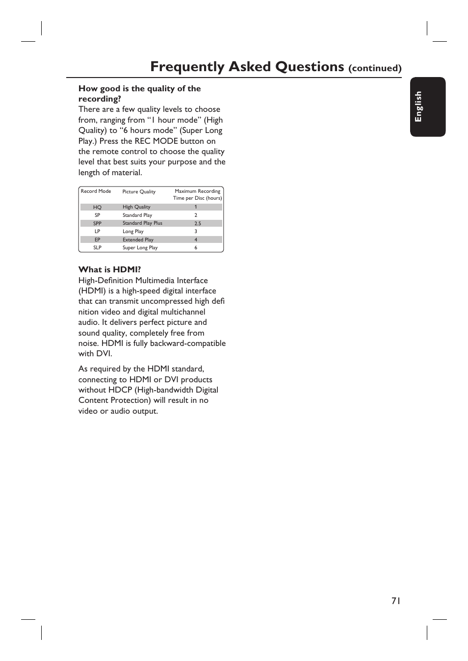 Frequently asked questions, Continued), English | Philips DVDR3400-37B User Manual | Page 71 / 77