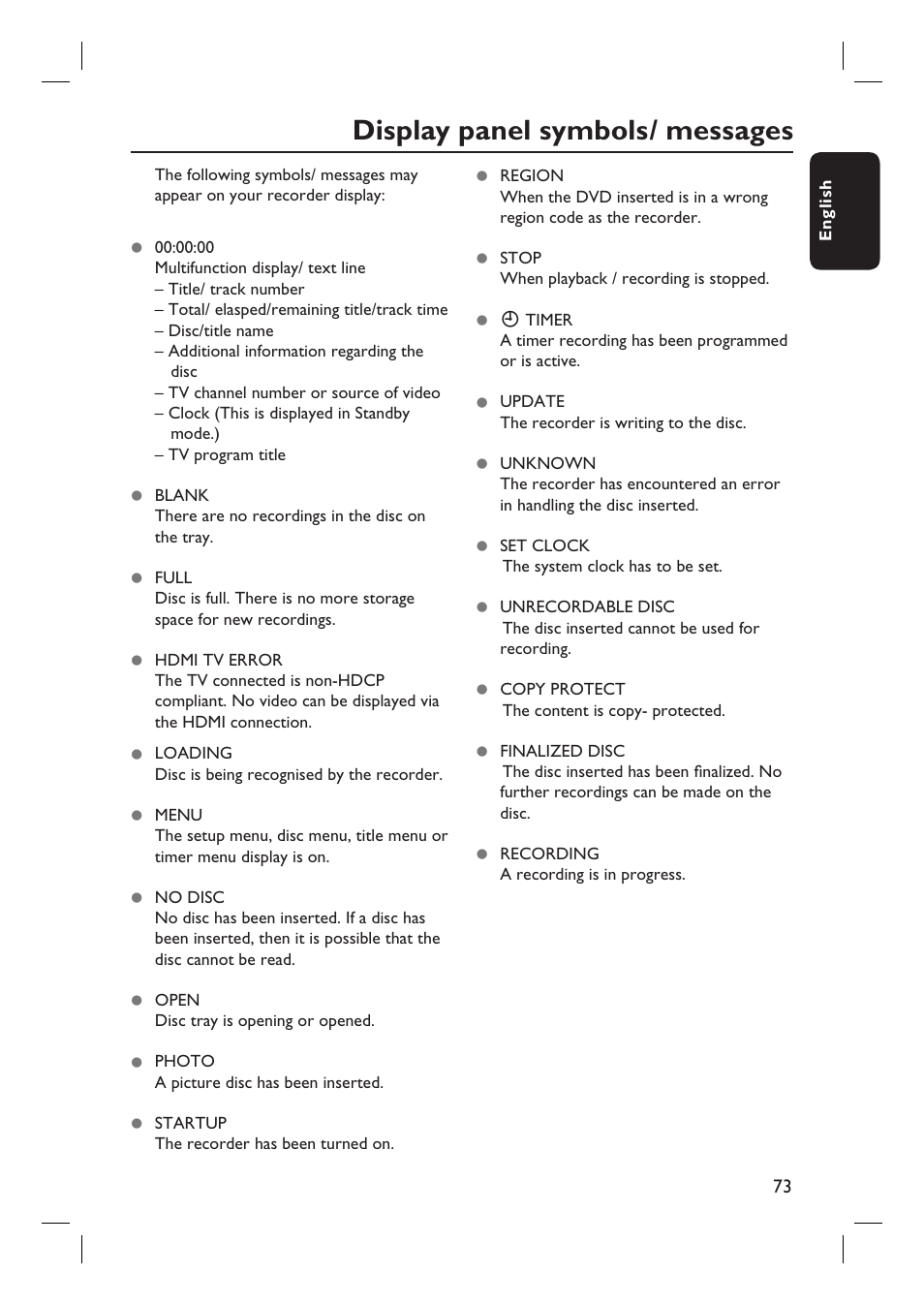 Display panel symbols/ messages | Philips DVDR3400-37B User Manual | Page 73 / 77