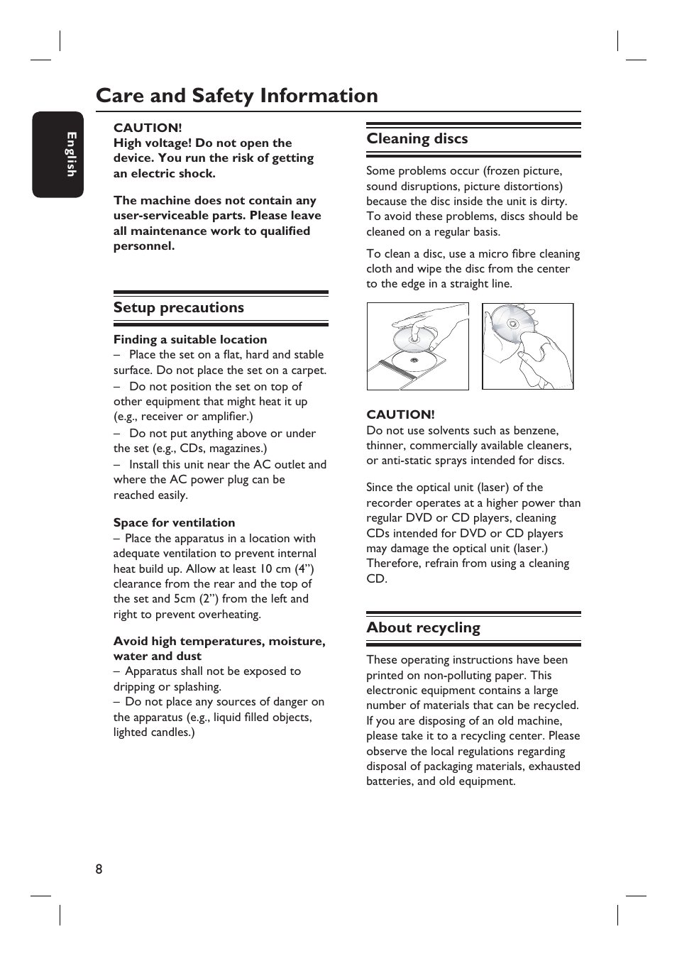 Care and safety information | Philips DVDR3400-37B User Manual | Page 8 / 77