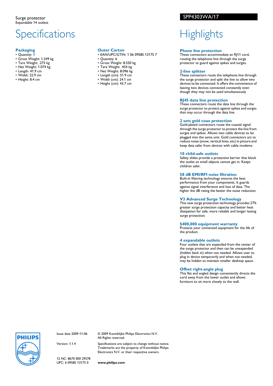 Specifications, Highlights | Philips SPP4303WA-17 User Manual | Page 2 / 2