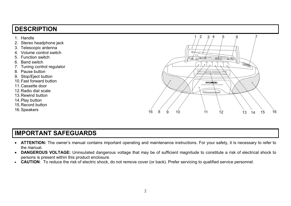 Description, Important safeguards | Hyundai H-1205 User Manual | Page 2 / 11