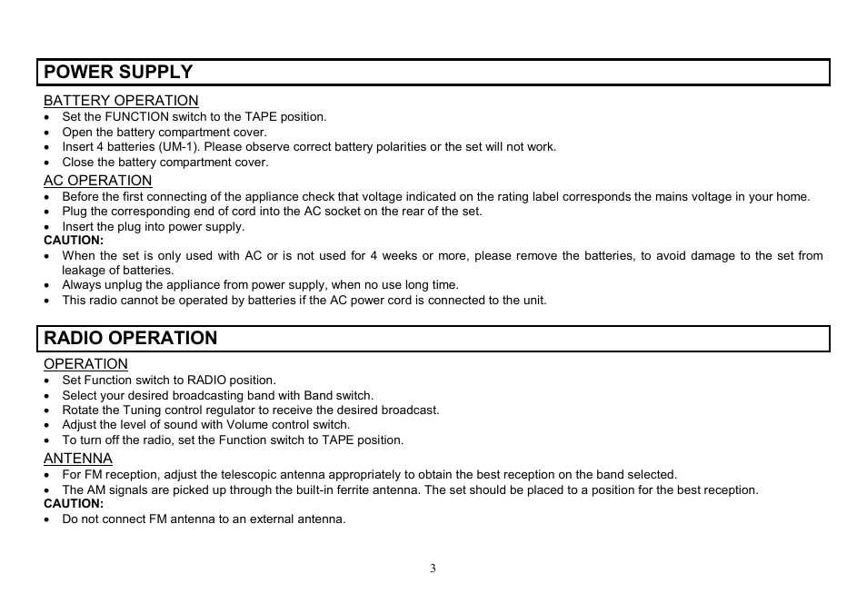 Power supply, Radio operation | Hyundai H-1205 User Manual | Page 3 / 11