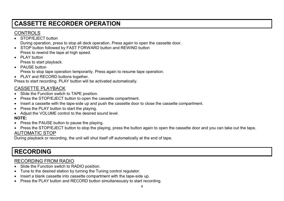 Cassette recorder operation, Recording | Hyundai H-1205 User Manual | Page 4 / 11