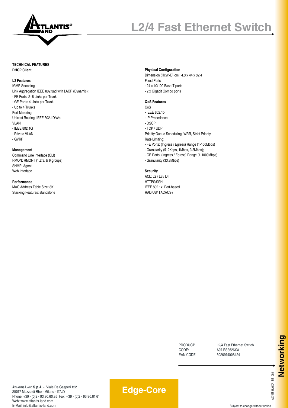 L2/4 fast ethernet switch, Edge-core, Networking | Atlantis Land A07-ES3526XA User Manual | Page 2 / 2