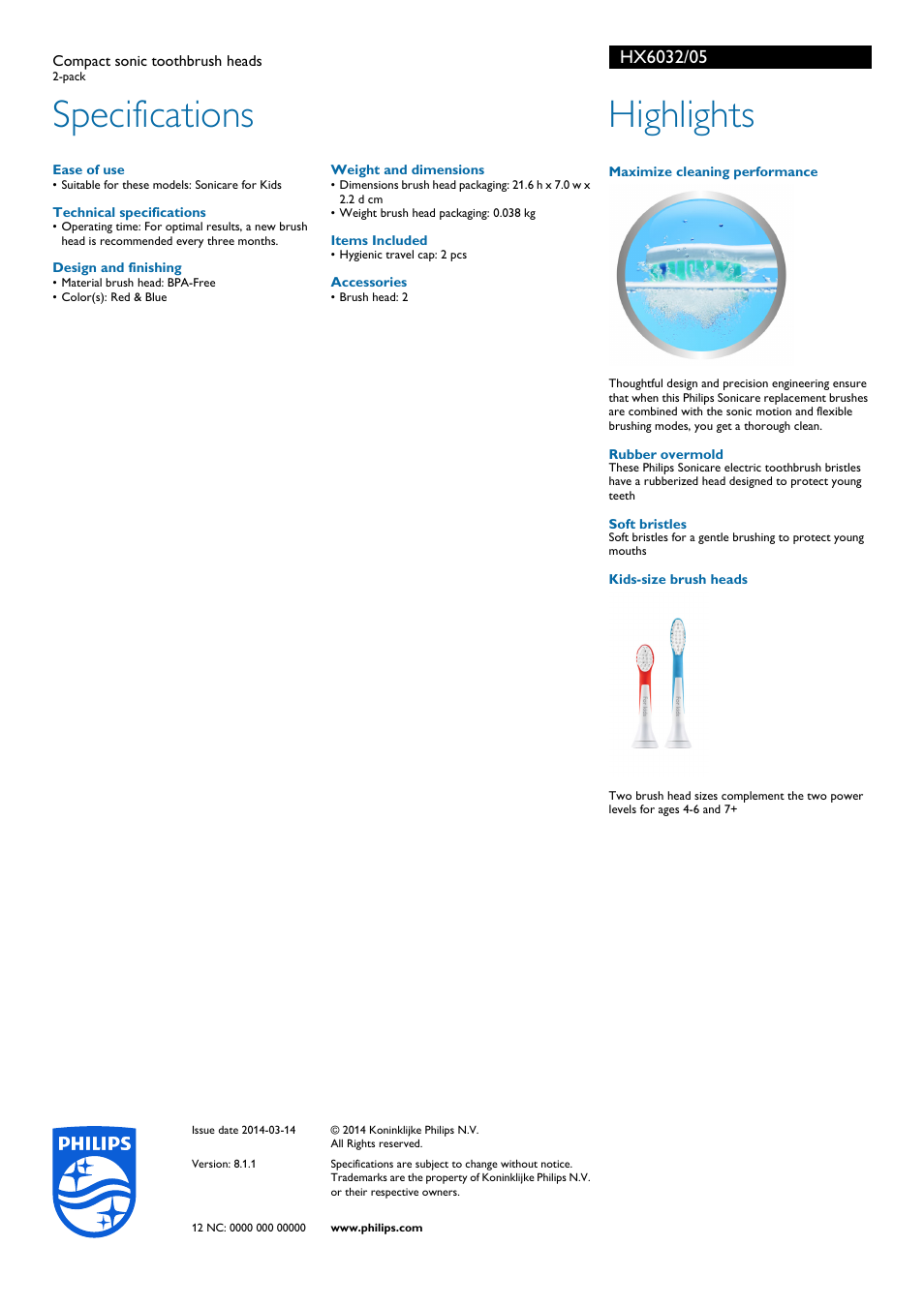 Specifications, Highlights | Philips HX6032-05 User Manual | Page 2 / 2