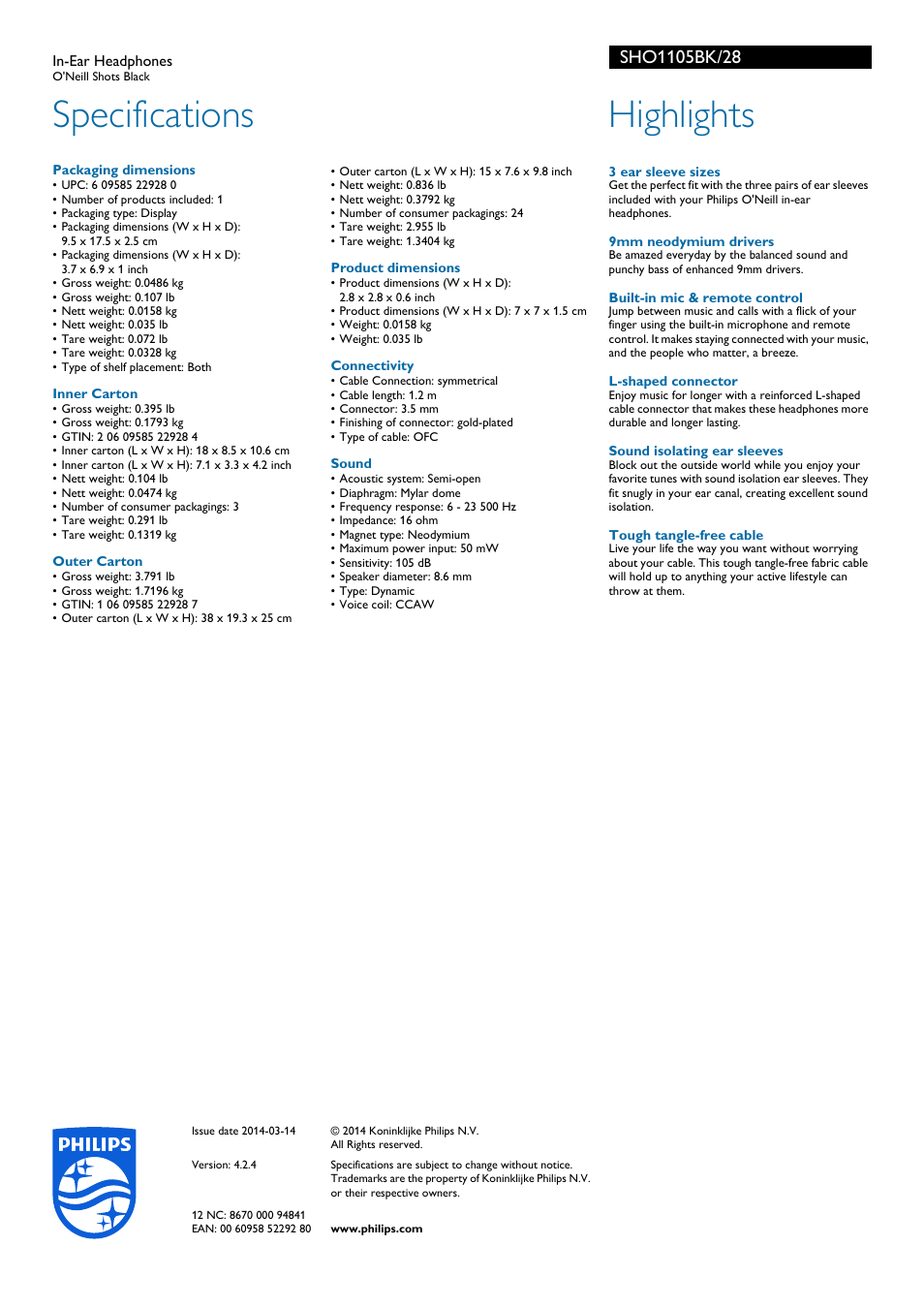 Specifications, Highlights | Philips SHO1105BK-28 User Manual | Page 2 / 2