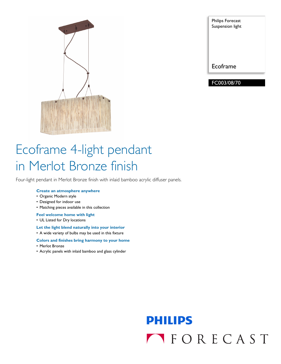 Philips Forecast Suspension light FC003-08-70 Ecoframe User Manual | 2 pages