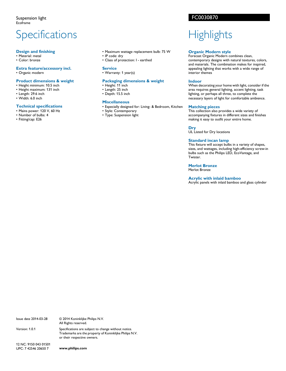 Specifications, Highlights | Philips Forecast Suspension light FC003-08-70 Ecoframe User Manual | Page 2 / 2