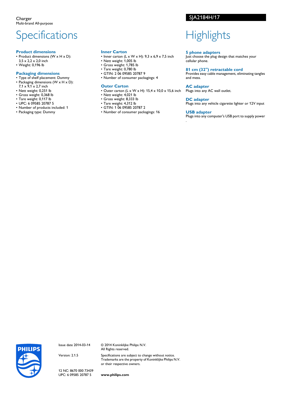 Specifications, Highlights | Philips SJA2184H-17 User Manual | Page 2 / 2