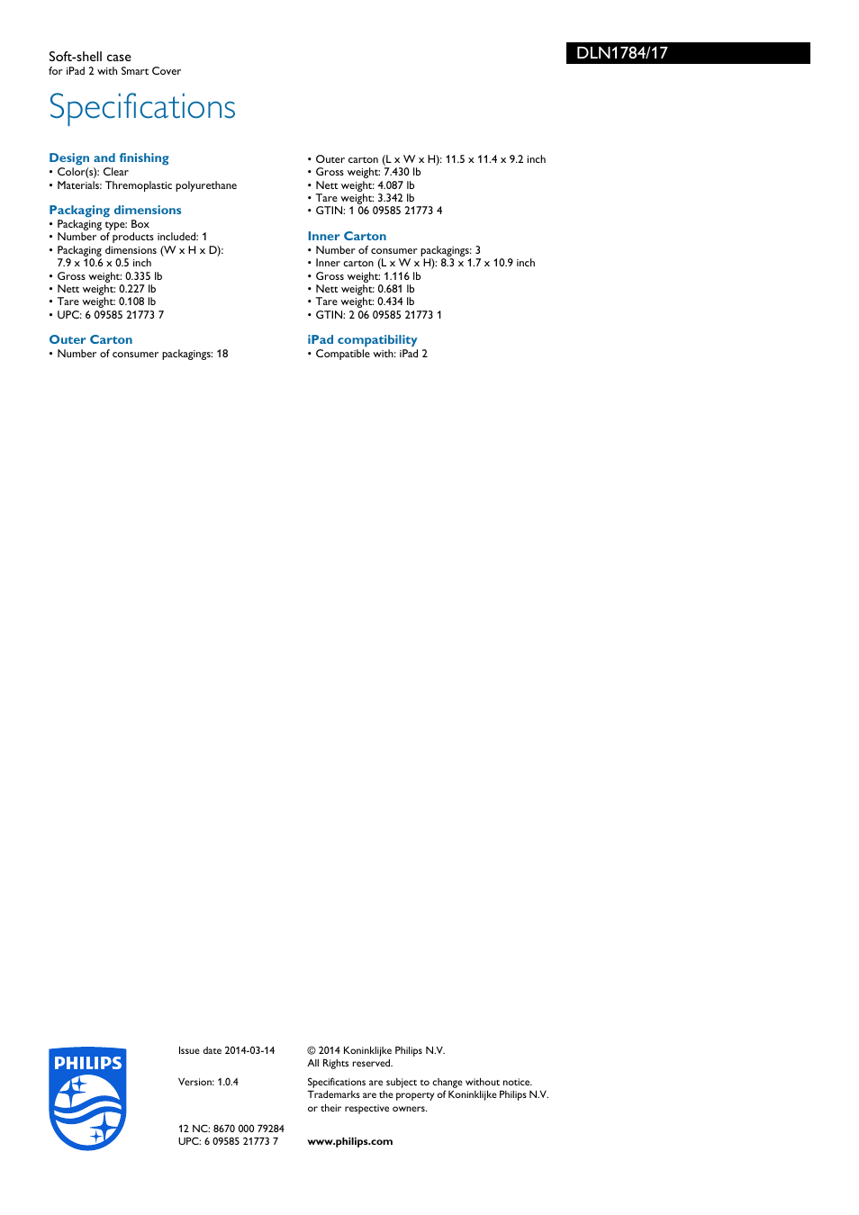 Specifications | Philips DLN1784-17 User Manual | Page 2 / 2