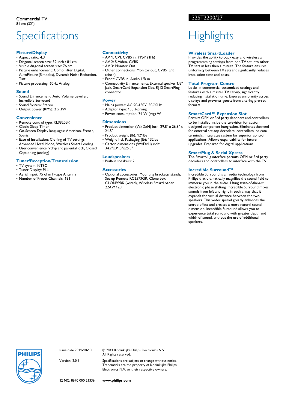 Specifications, Highlights | Philips 32ST2200-27 User Manual | Page 2 / 2