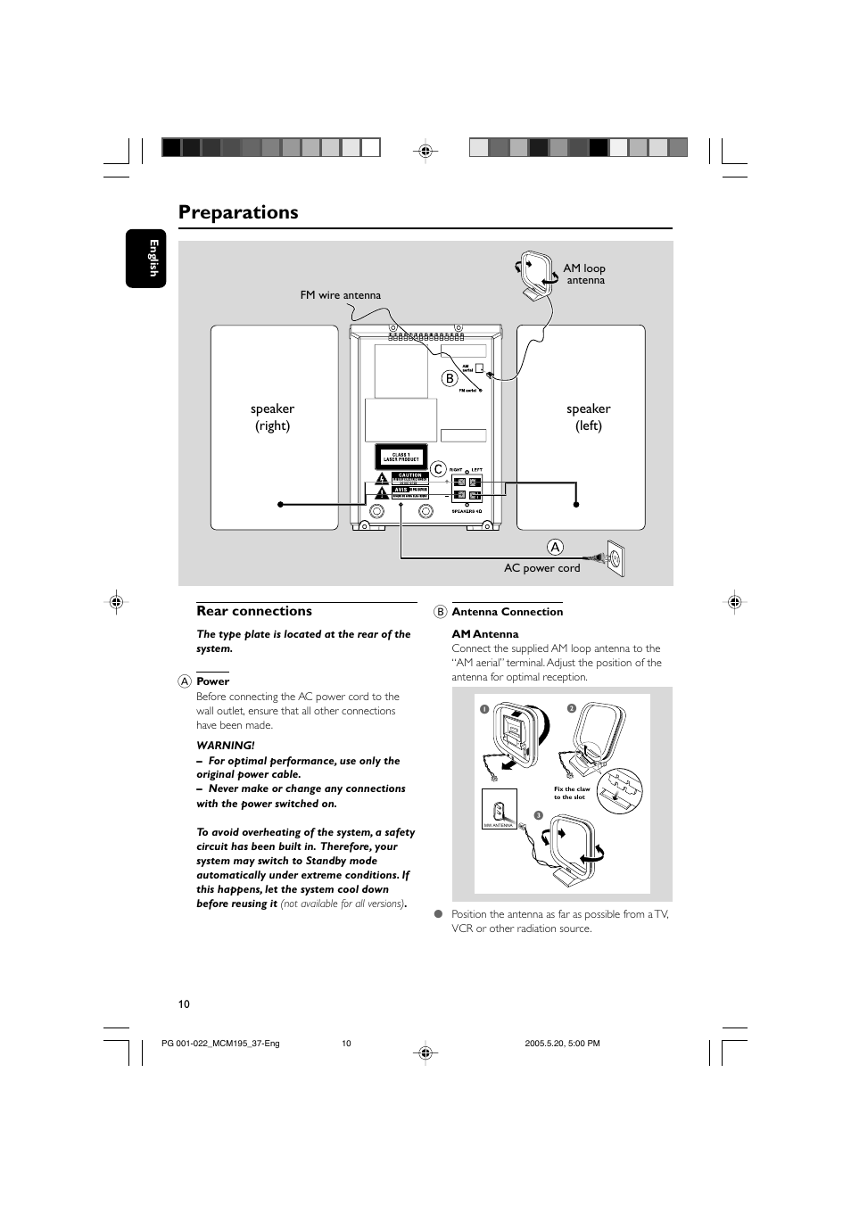 Preparations, Rear connections | Philips Micro Hi-Fi System MCM195 MP3 User Manual | Page 10 / 22