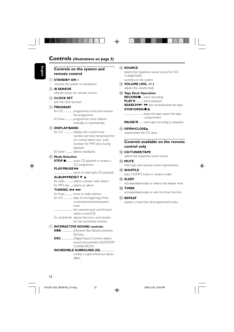 Controls | Philips Micro Hi-Fi System MCM195 MP3 User Manual | Page 12 / 22