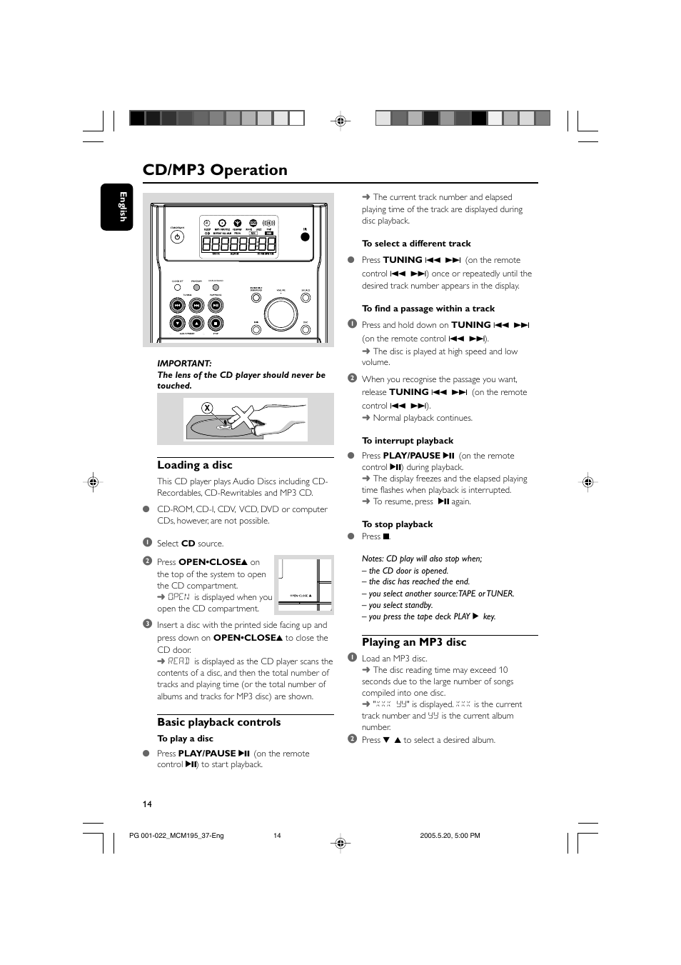 Cd/mp3 operation, Playing an mp3 disc 1, Loading a disc | Basic playback controls | Philips Micro Hi-Fi System MCM195 MP3 User Manual | Page 14 / 22