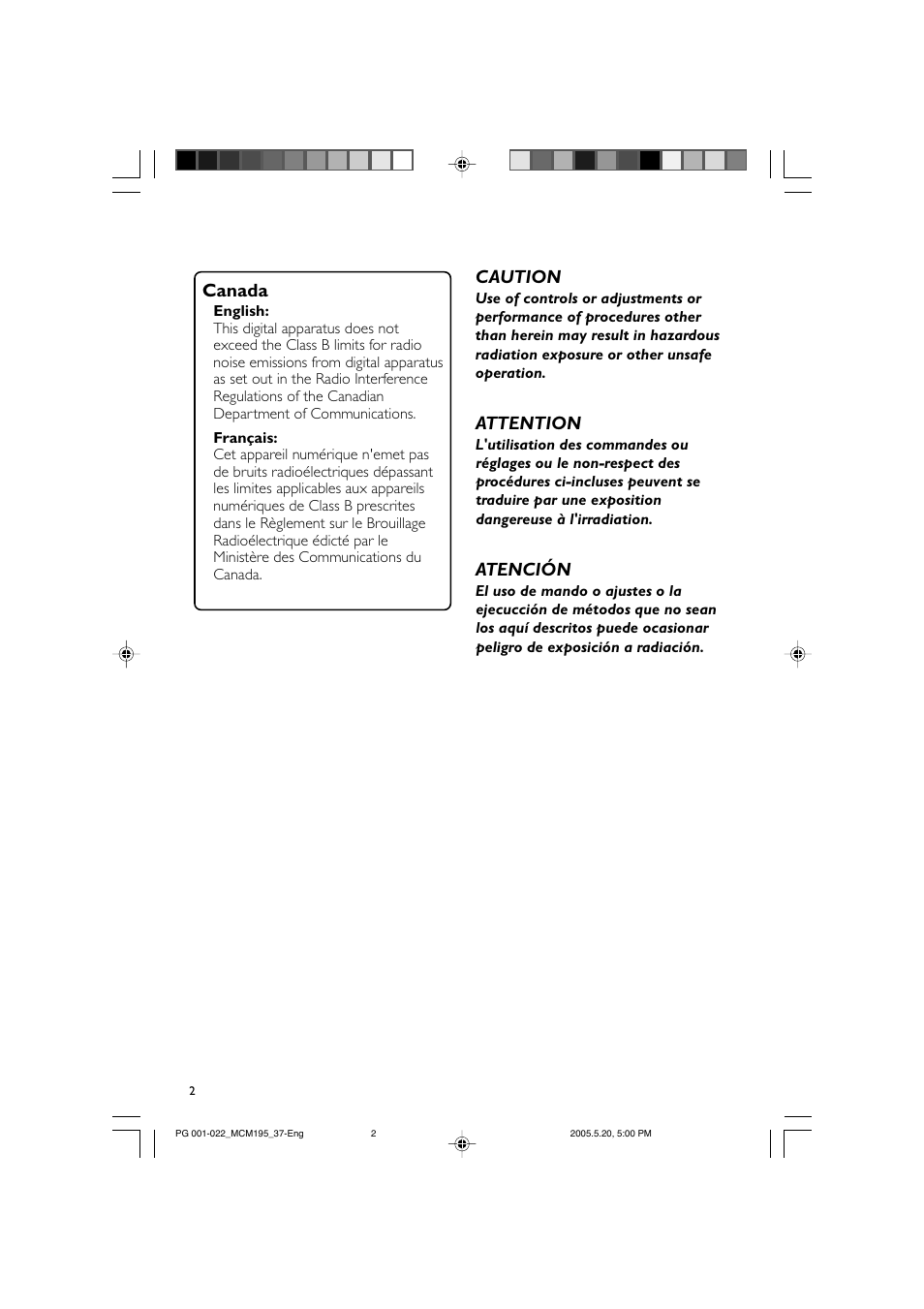 Canada, Caution, Attention | Atención | Philips Micro Hi-Fi System MCM195 MP3 User Manual | Page 2 / 22