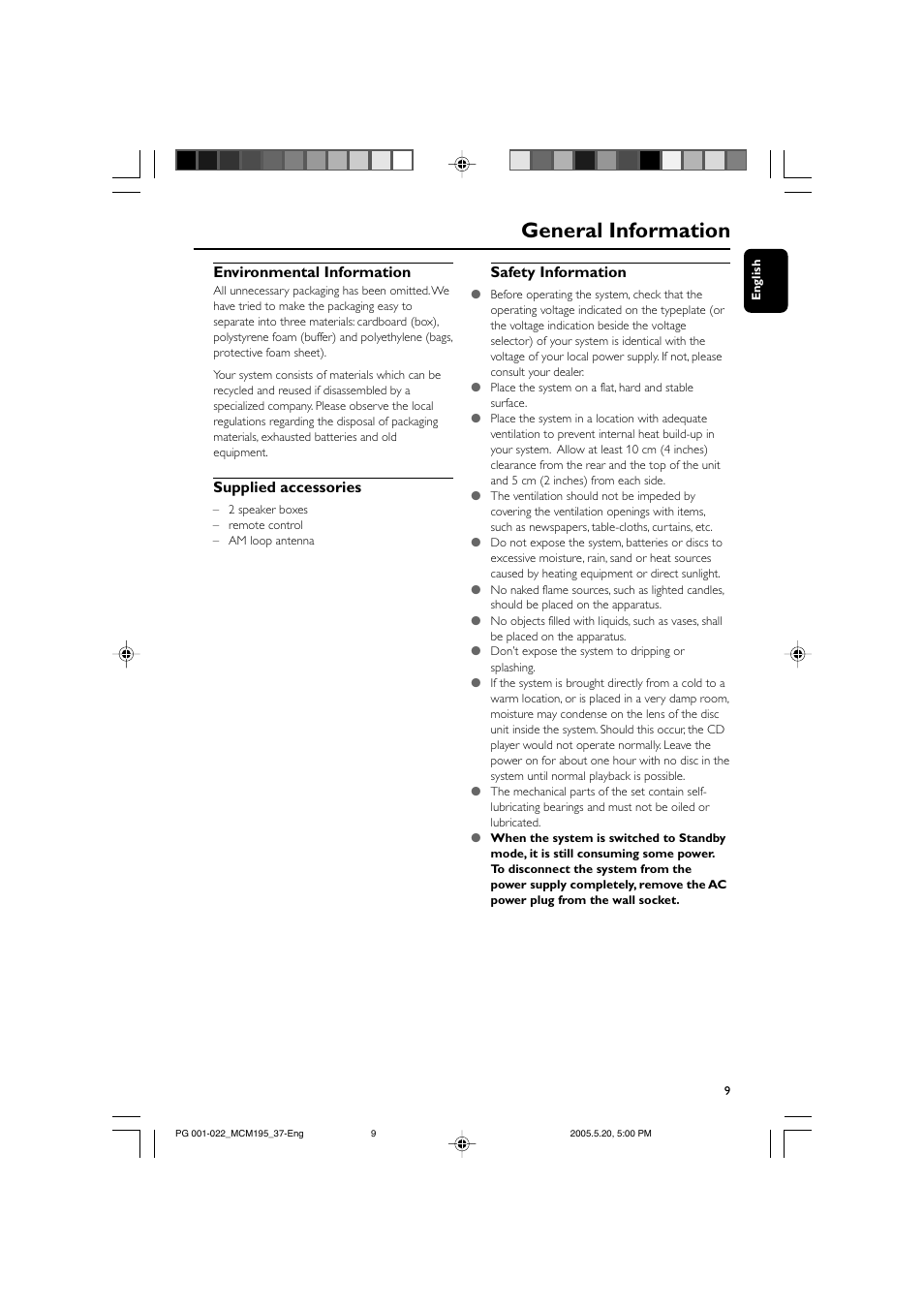 General information, Environmental information, Supplied accessories | Safety information | Philips Micro Hi-Fi System MCM195 MP3 User Manual | Page 9 / 22