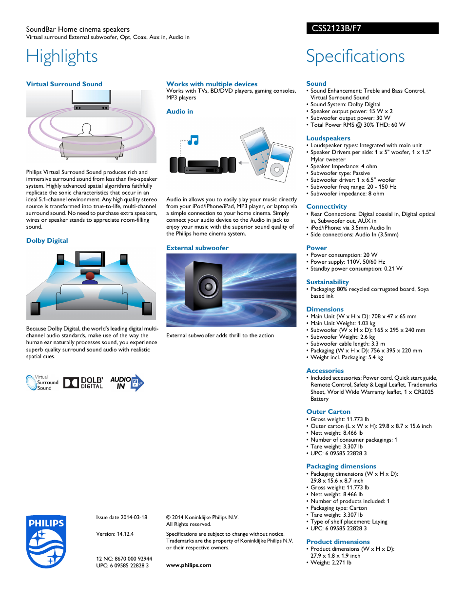 Highlights, Specifications | Philips CSS2123B-F7 User Manual | Page 2 / 2