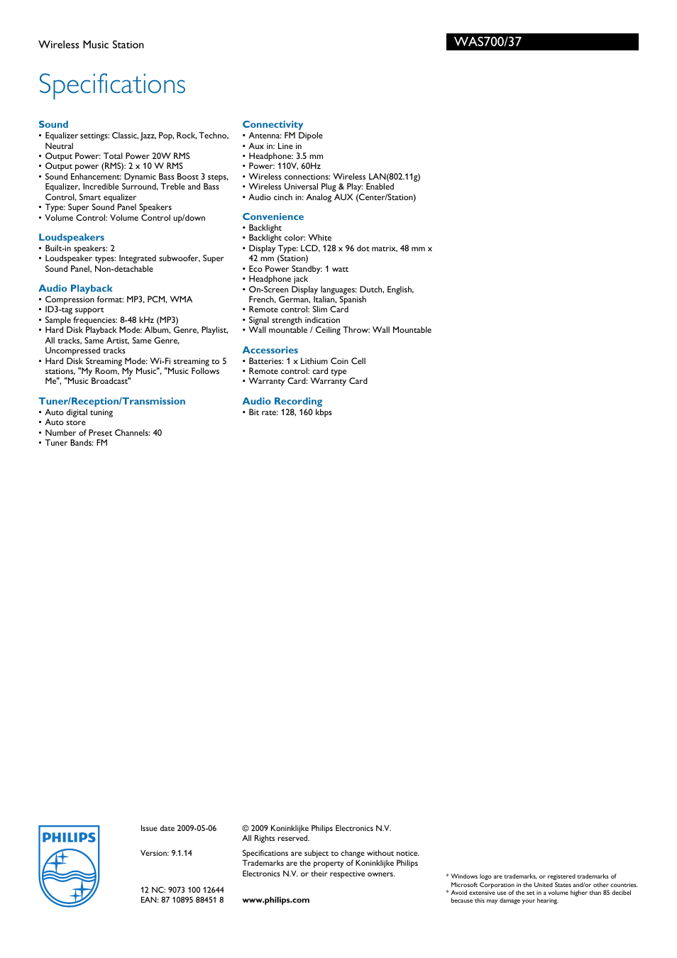 Specifications | Philips WAS700-37 User Manual | Page 3 / 3