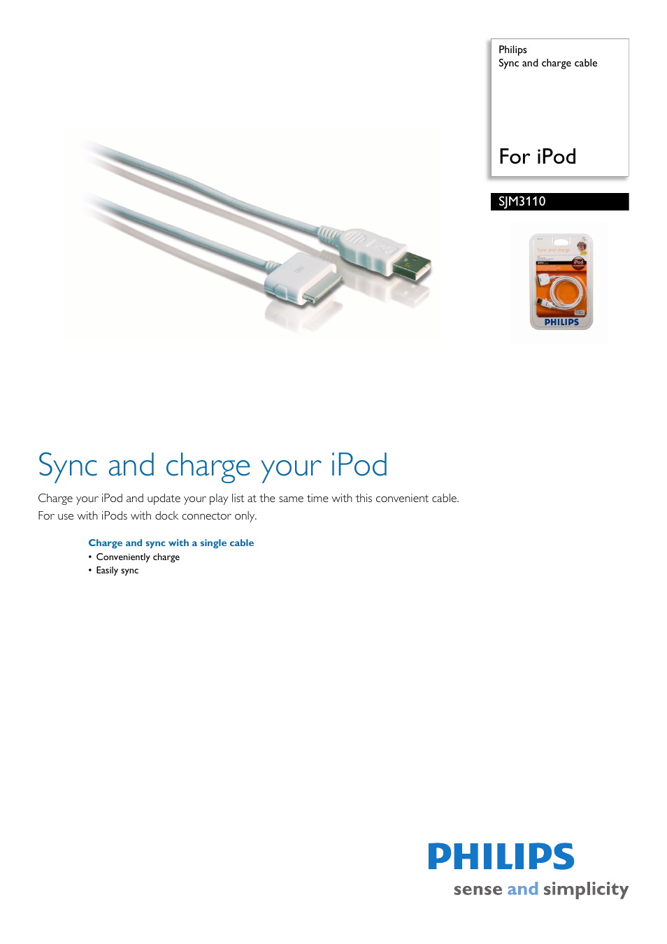 Philips Sync and charge cable SJM3110 For iPod User Manual | 2 pages