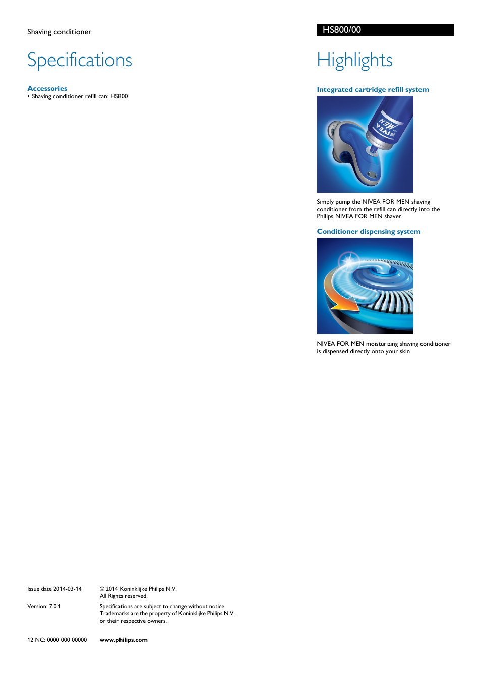 Specifications, Highlights | Philips HS800-00 User Manual | Page 2 / 2