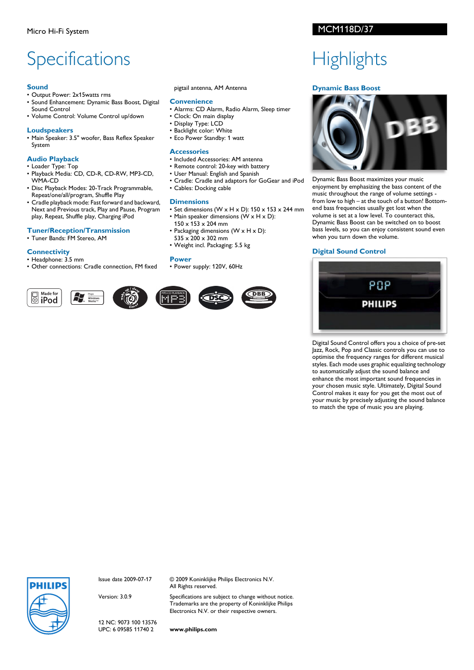 Specifications, Highlights | Philips MCM118D-37B User Manual | Page 2 / 2